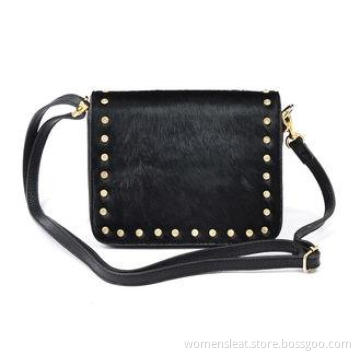 Women Black Horse Hair Leather Crossbody Bags with Crystal
